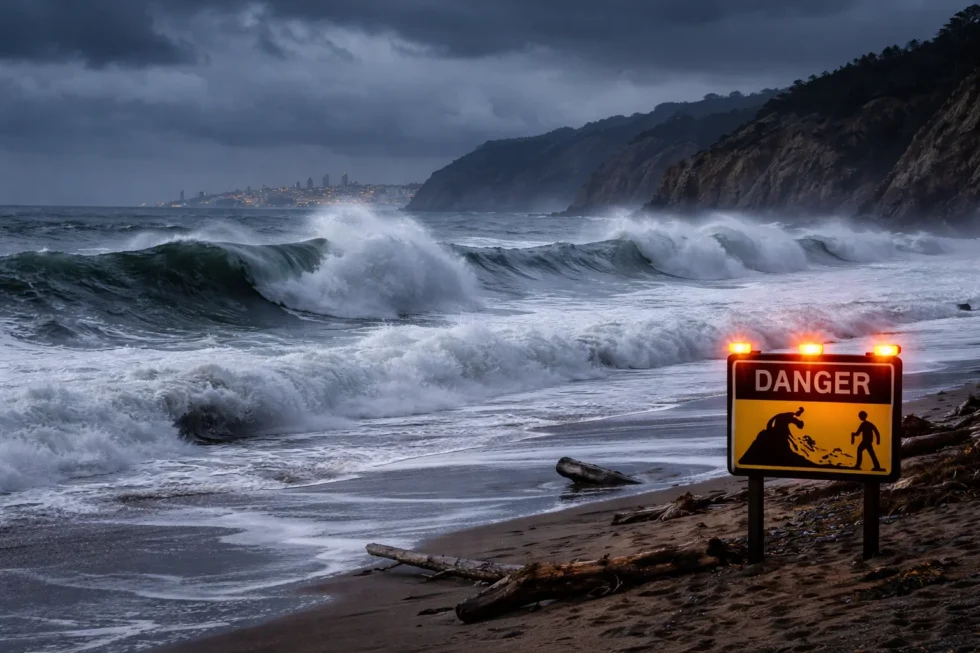 Coastal hazard warning in San Francisco: strong rip currents, 14–19 ft waves, and sneaker waves risk through February 14. Stay safe on beaches.