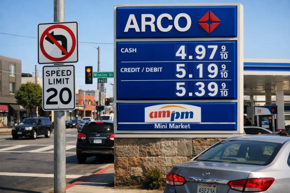 Drivers in San Francisco search for gasoline under $5 per gallon as fuel prices surge across California. Some Arco stations offer $4.97 while others reach $6.60.