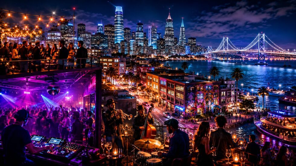 Night events San Francisco May 2026 include rooftop parties, live music venues, techno clubs, jazz bars and waterfront nightlife across SoMa, Mission and Downtown.