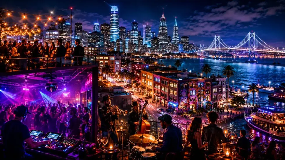 Night events San Francisco May 2026 include rooftop parties, live music venues, techno clubs, jazz bars and waterfront nightlife across SoMa, Mission and Downtown.