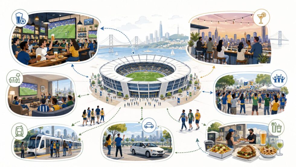 Levi’s Stadium in Santa Clara hosts four FIFA World Cup 2026 matchdays after June 16. Fixtures, kickoff times, bars, watch parties and Bay Area fan tips for June 19, 22, 25 and July 1.