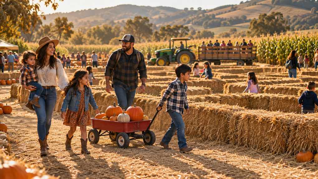 Parents and children pull a red wagon of pumpkins past a hay bale maze at a California farm with a hayride tractor behind
