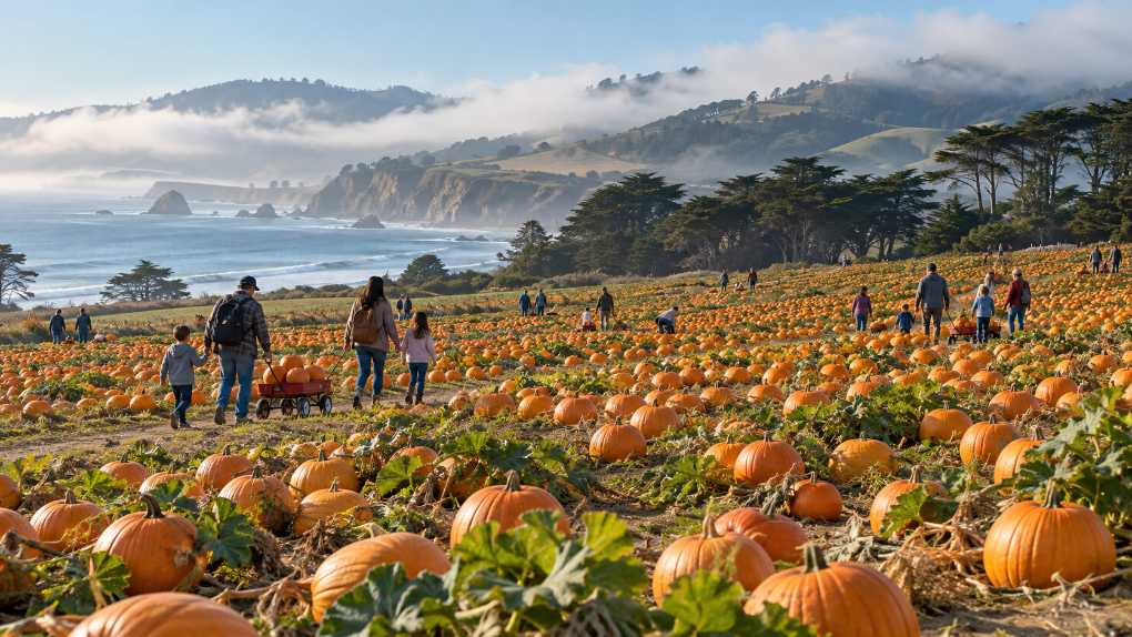 Families walk through a coastal pumpkin field near Half Moon Bay with fog over green hills and the Pacific Ocean beyond