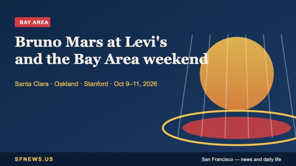 Illustration of a stadium bowl under stage lights on navy with the headline Bruno Mars at Levi's Stadium and the Bay Area weekend, October 2026