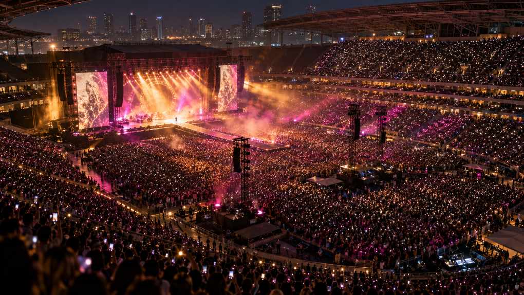 A packed stadium at night lit by gold and magenta stage lights and thousands of phone lights during a pop concert