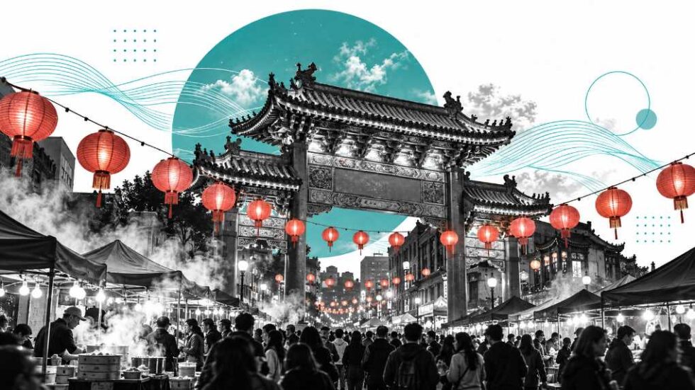 Collage of the San Francisco Chinatown gate with red lanterns and a night market crowd on a white background with teal circles