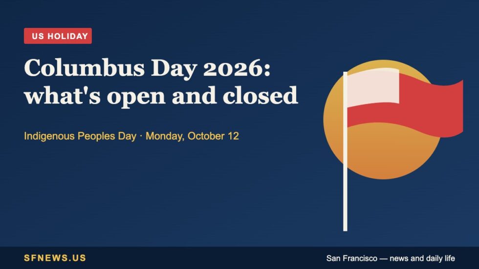 Illustration of a waving flag on navy with the headline Columbus Day 2026, what is open and closed on Indigenous Peoples Day, Monday October 12
