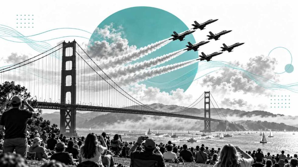 Collage of six navy jets in diamond formation over the Golden Gate Bridge with spectators on a waterfront lawn and teal circles