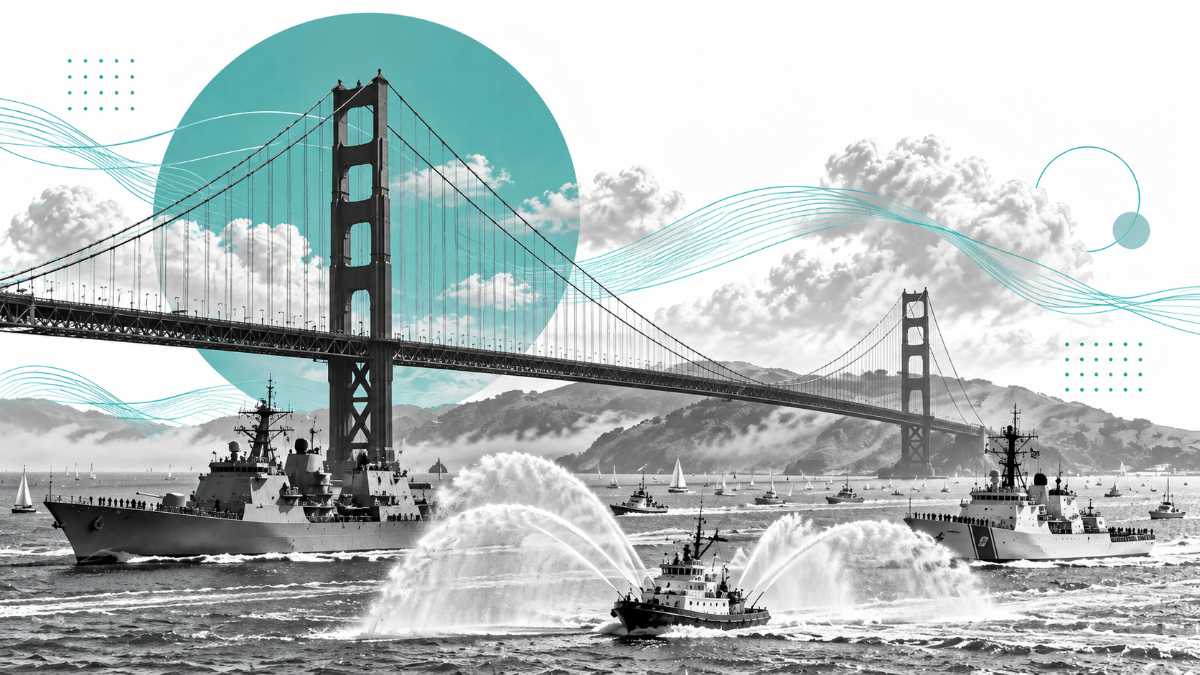 Collage of a navy ship and coast guard cutter sailing under the Golden Gate Bridge behind a fireboat spraying water