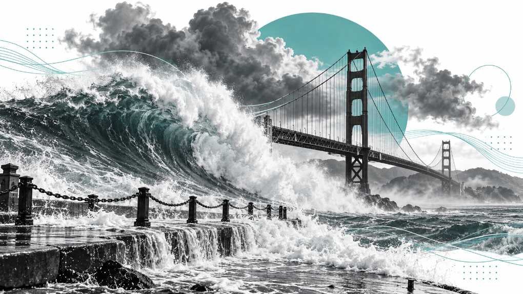 Collage of a huge storm wave breaking beside the Golden Gate Bridge with teal circles on a white background