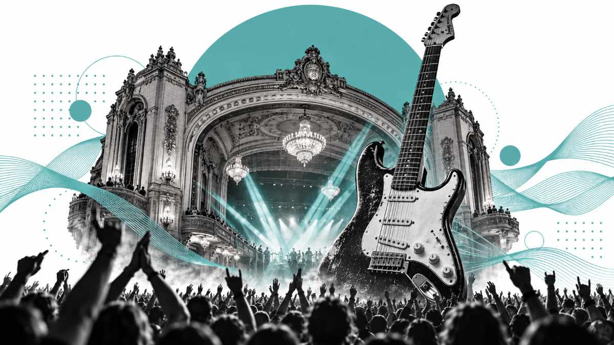 Collage of a historic San Francisco theater ballroom, an electric guitar and a crowd with raised hands under teal light beams