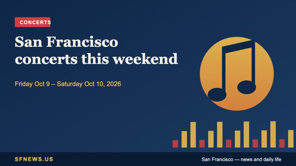 Illustration of music notes and a sound equalizer on navy with the headline San Francisco concerts this weekend, October 9 and 10, 2026