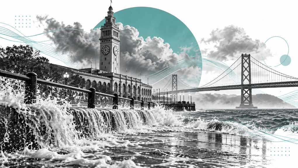 Collage of high tide spilling over a San Francisco waterfront promenade with the Ferry Building clock tower and Bay Bridge