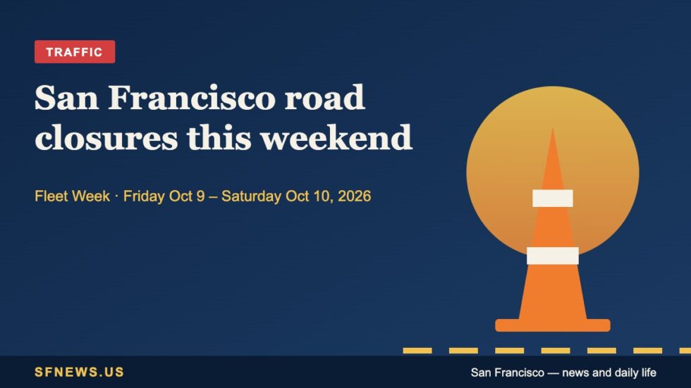 Illustration of an orange traffic cone against a navy background with the headline San Francisco road closures this weekend, October 9 and 10, 2026