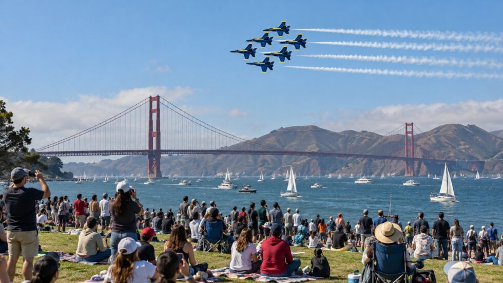 Six blue-and-gold Navy jets fly in formation over San Francisco Bay near the Golden Gate Bridge as crowds watch from the Marina waterfront
