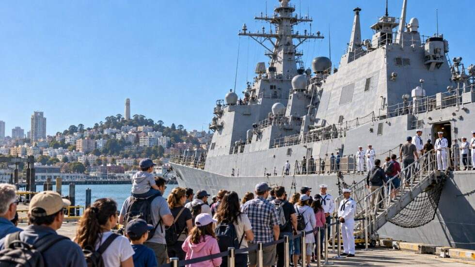 Visitors line up on a San Francisco pier to board a grey Navy destroyer during Fleet Week, with Coit Tower in the background