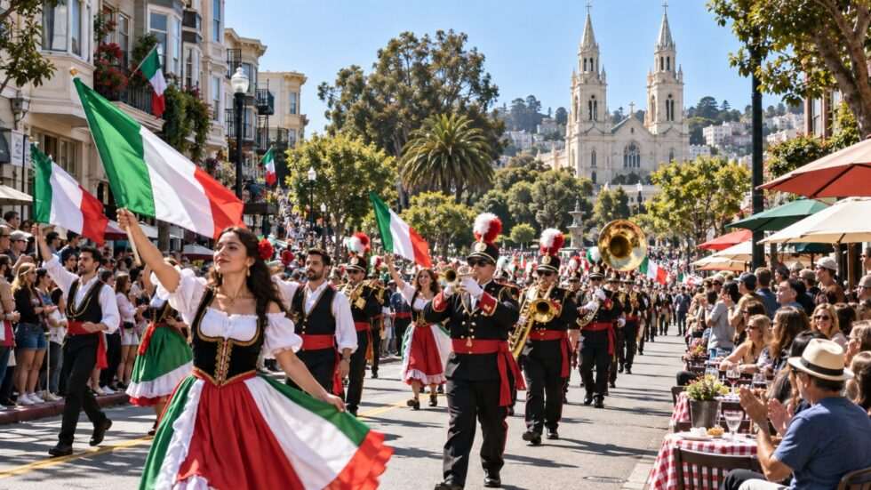 Marchers with Italian flags and a brass band parade through North Beach toward Saints Peter and Paul Church in San Francisco