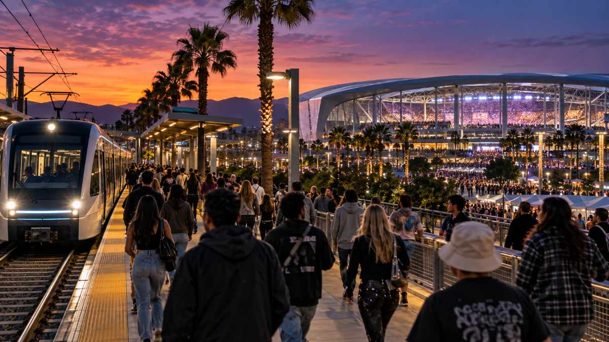 Concertgoers walk from a light rail train toward an illuminated stadium at dusk under palm trees in Silicon Valley