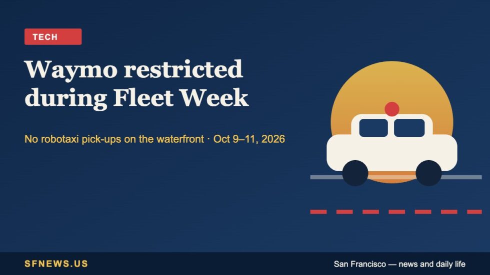 Illustration of a driverless car with a roof sensor on navy with the headline Waymo restricted during Fleet Week in San Francisco, October 2026